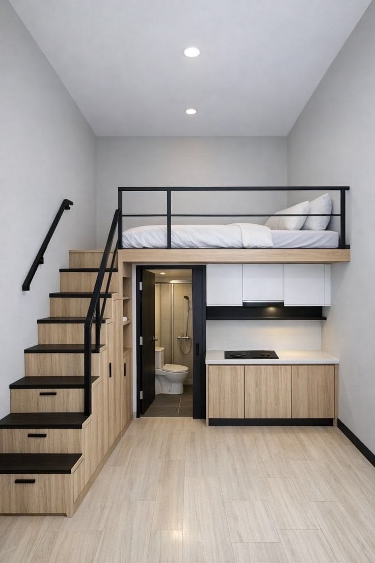 Gác căn hộ dịch vụ sử dụng khung sắt, sàn ốp tấm cembroad dày 12ly, lát sàn nhựa giả gỗ hoàn thiện. Trần đóng tấm nhựa nano. Cầu thang lên gác kết hợp kệ để đồ bằng khung sắt kết hợp bậc cánh bằng gỗ MDF
